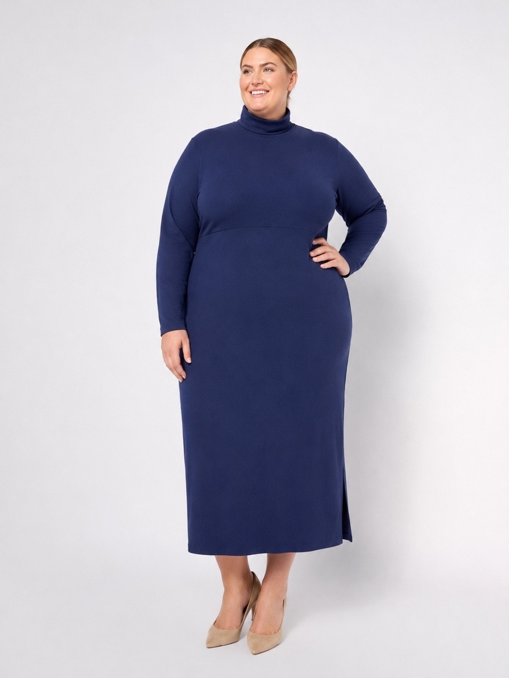 Women with Control by Renée Plus Size 2X Navy Turtleneck Midi Dress